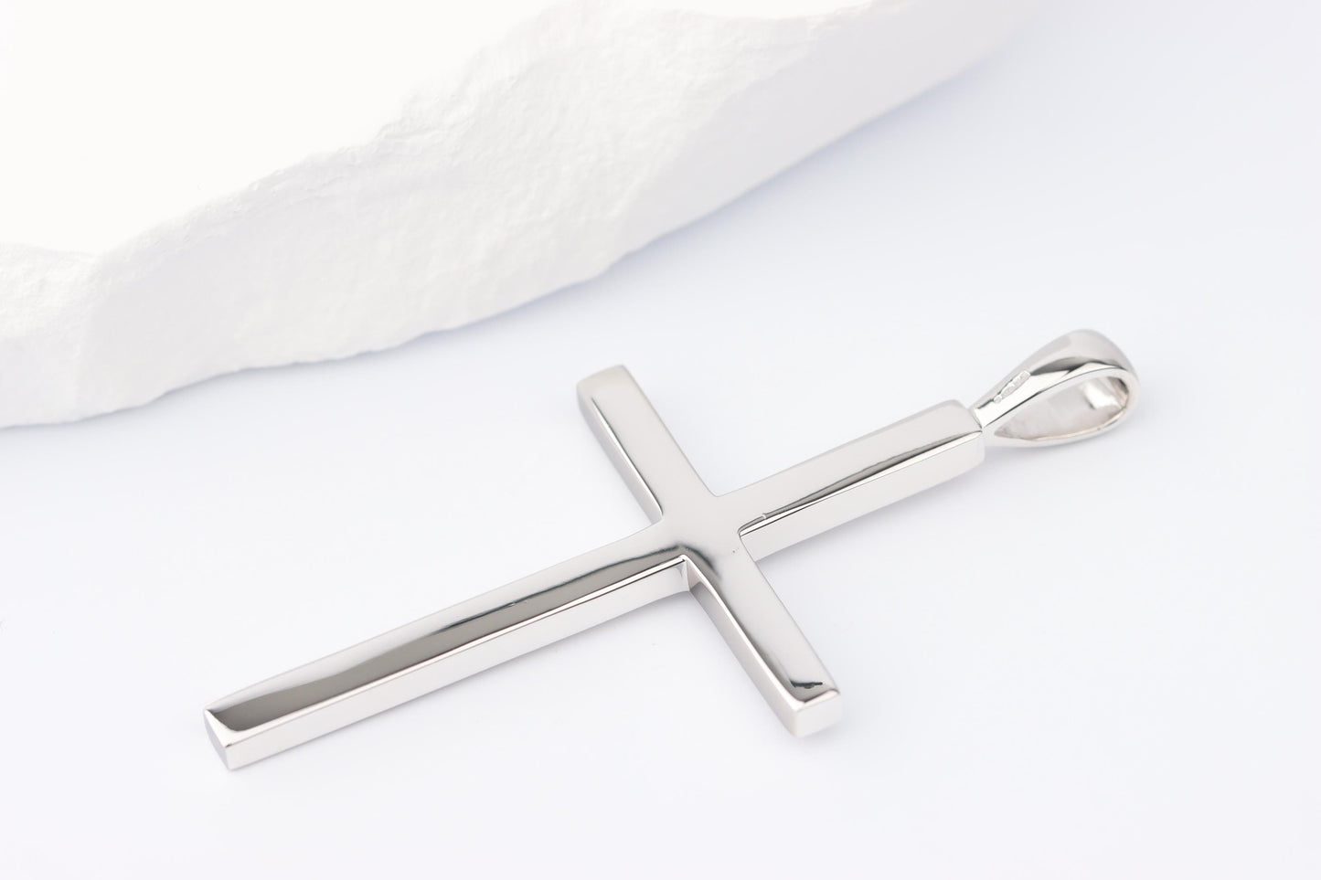 Slim Silver Cross Pendant set with Sapphire Gemstone