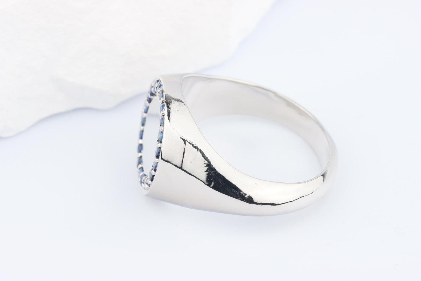 Silver Round Signet Ring set with Blue Sapphire Gemstones