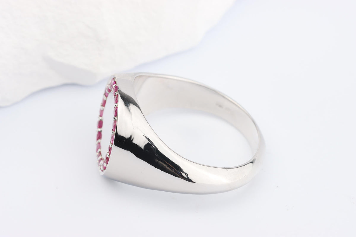 Silver Round Signet Ring set with Pink Red Ruby Gemstones