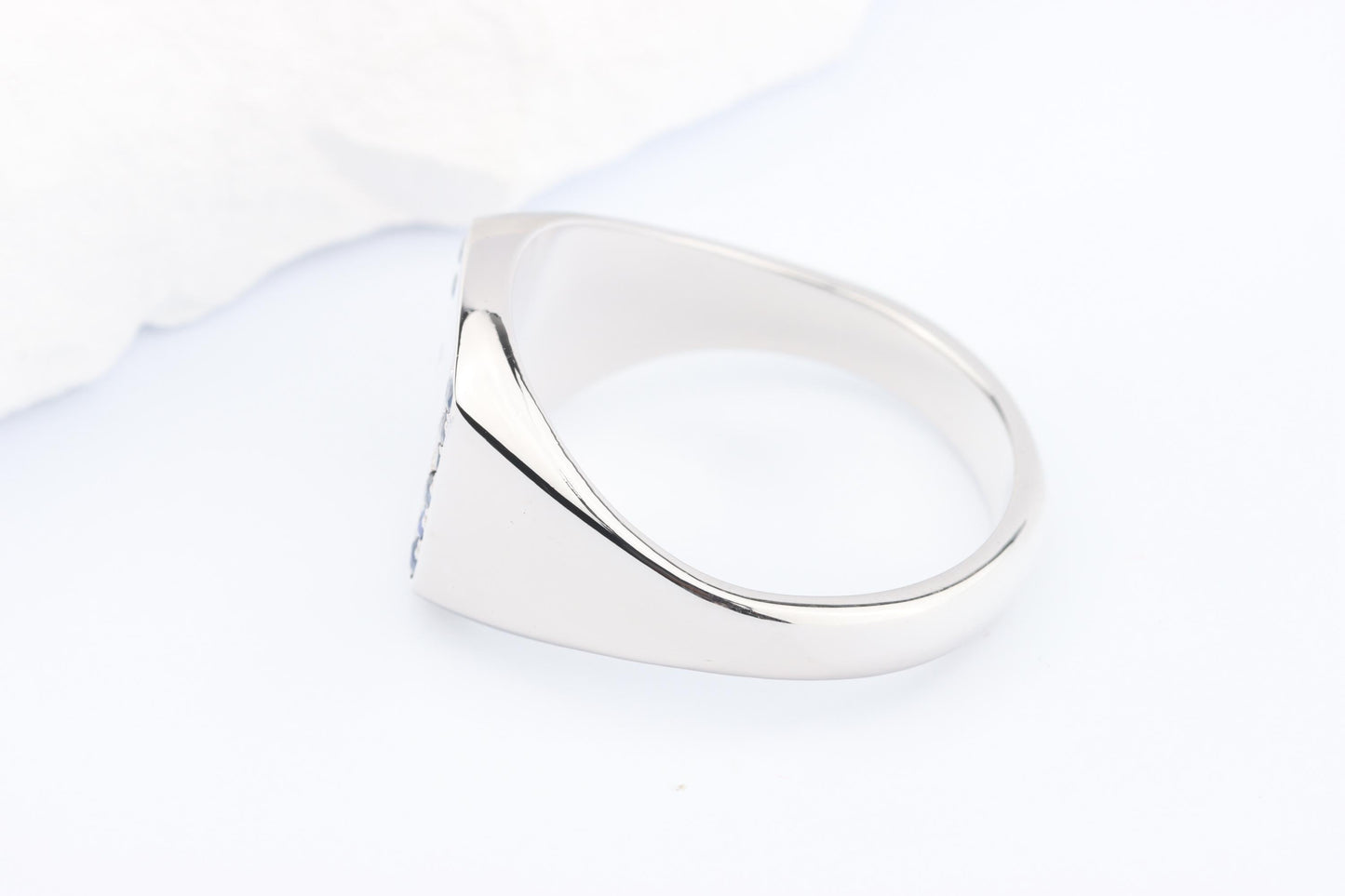 Silver Cushion Signet Ring set with Blue Sapphire Gemstones