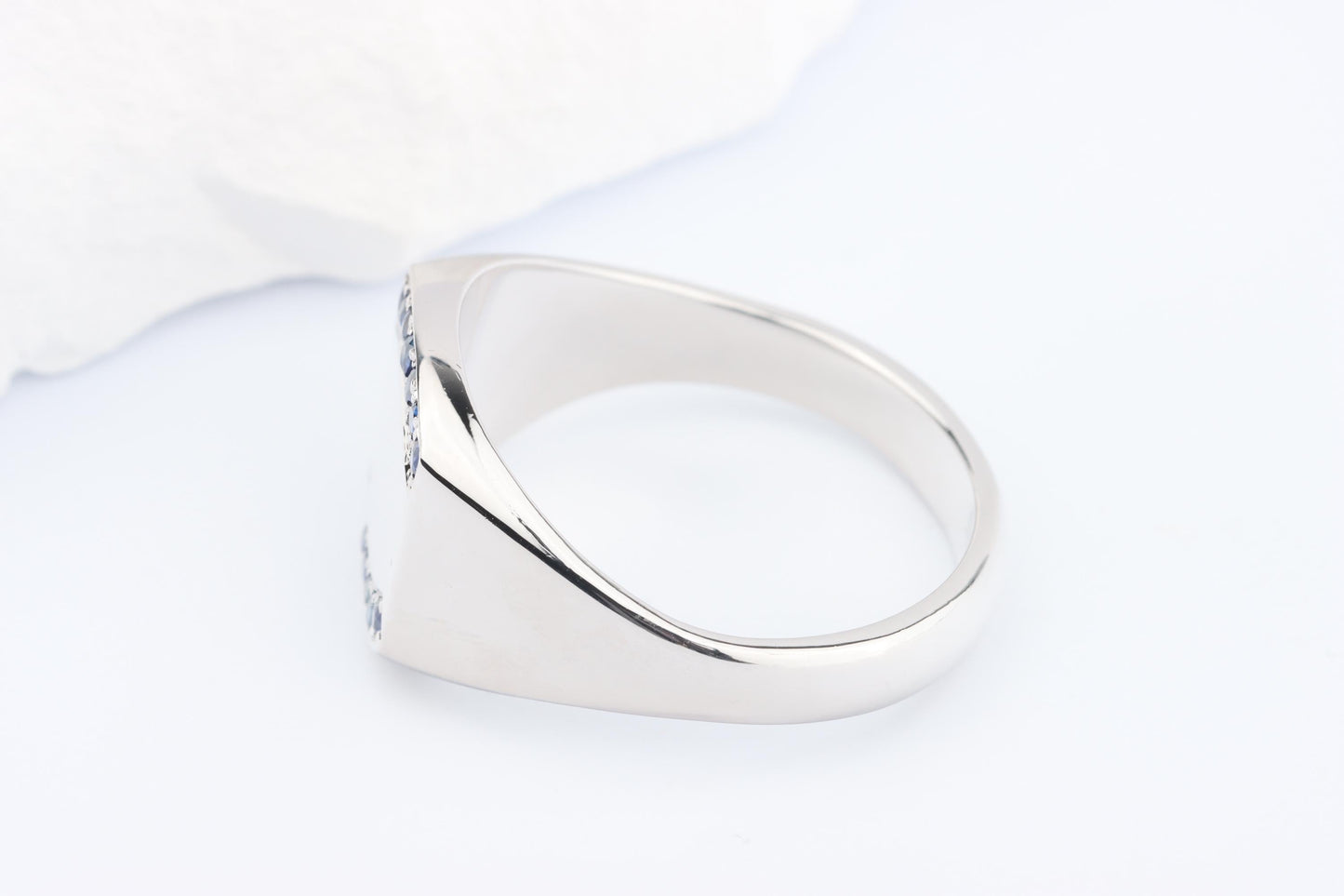 Silver Cushion Signet Ring set with Blue Sapphire Gemstones