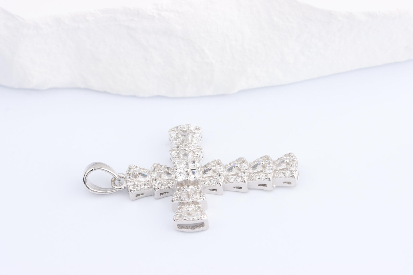 Sterling Silver 925 Mini CZ Encrusted Cross Pendant Necklace