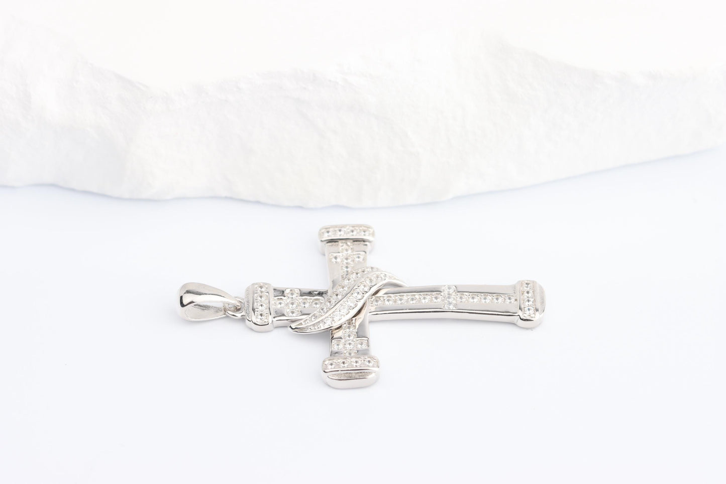 Sterling Silver 925 Small CZ Cross with Ribbon Pendant Necklace