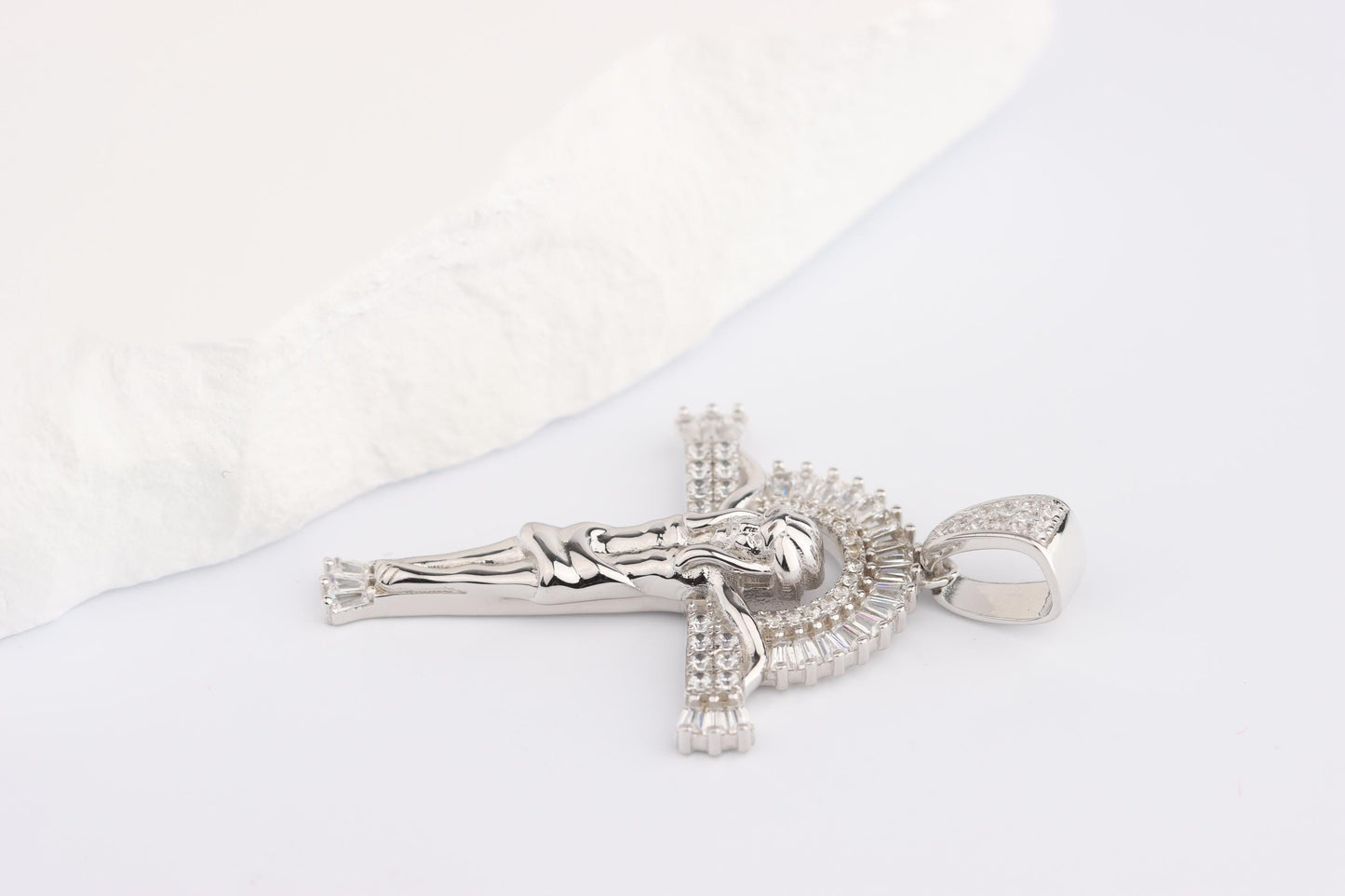 Sterling Silver 925 Heavy CZ set Sunset Cross Crucifix Pendant Necklace
