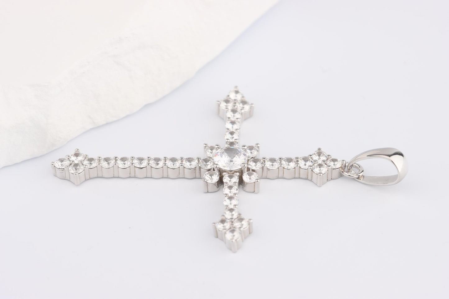 Sterling Silver 925 Large CZ Encrusted Budded Arrow Cross Pendant Necklace