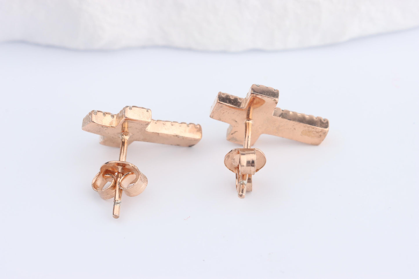 Silver Rose Gold Plated CZ and Mother of Pearl Cross Earring Studs