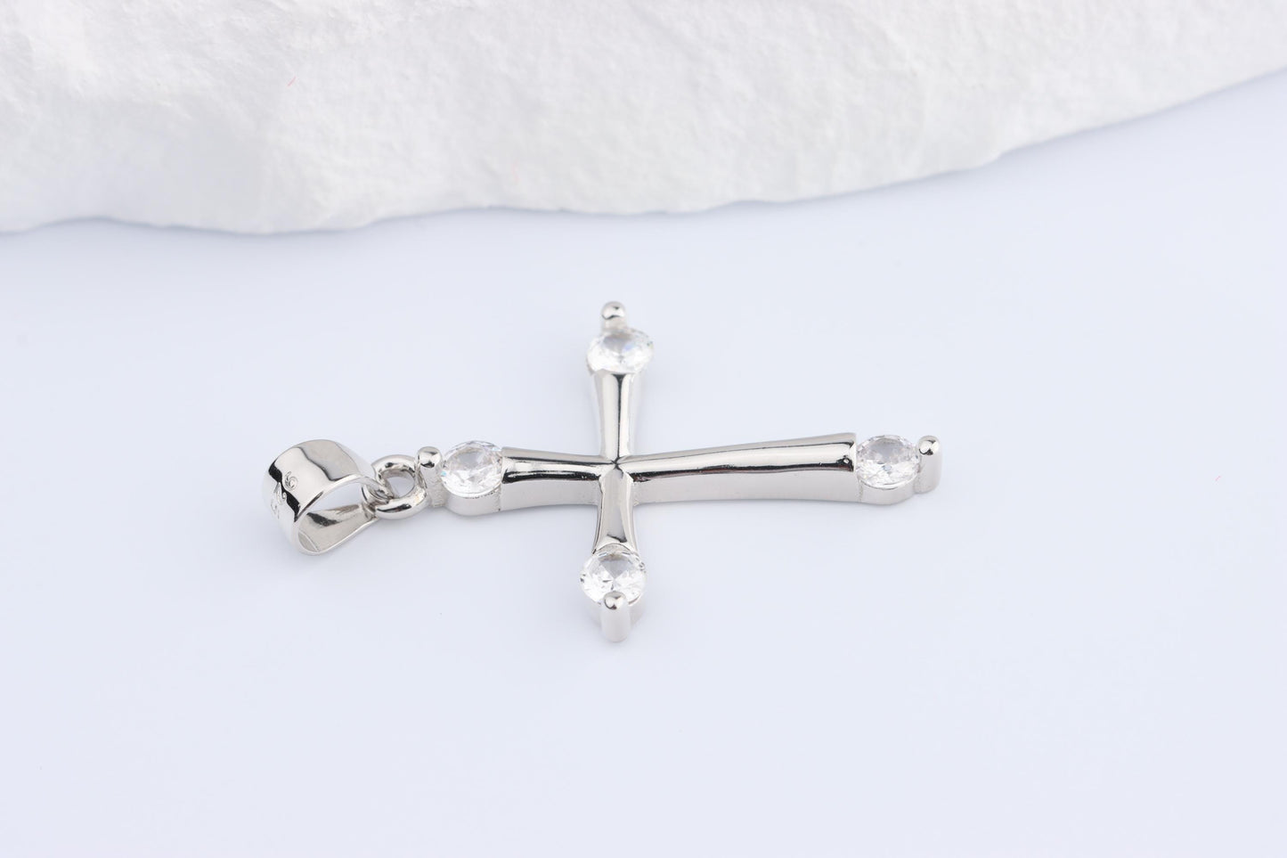 Sterling Silver 925 Mini CZ Budded Cross Pendant Necklace