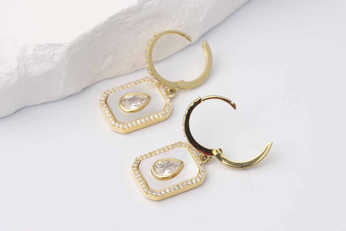 Sterling Silver 925 Gold Plated Rectangular Mother of Pearl and White Teardrop CZ