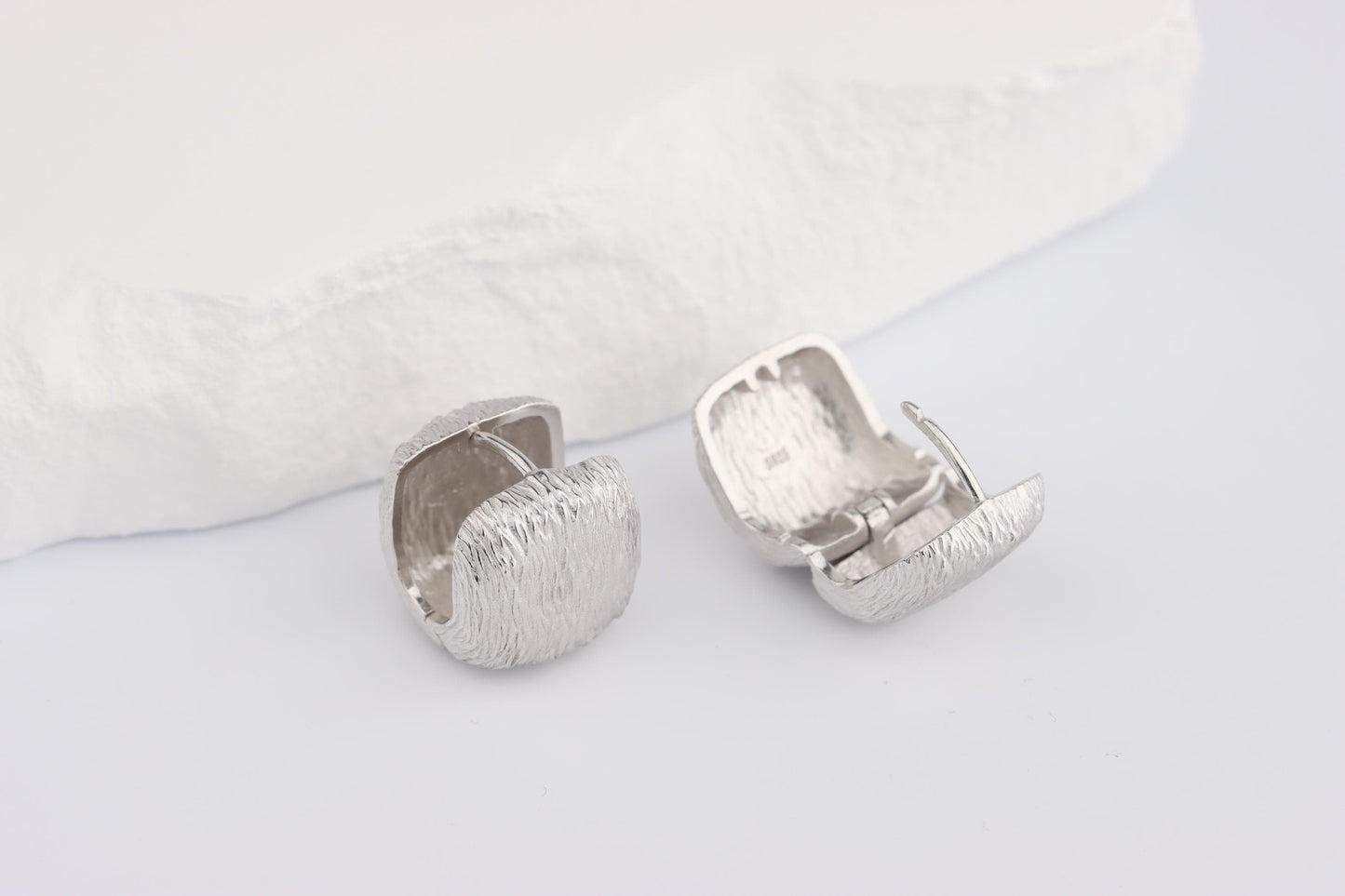Sterling Silver 925 Textured Brushed Cube Square Hoops Huggies