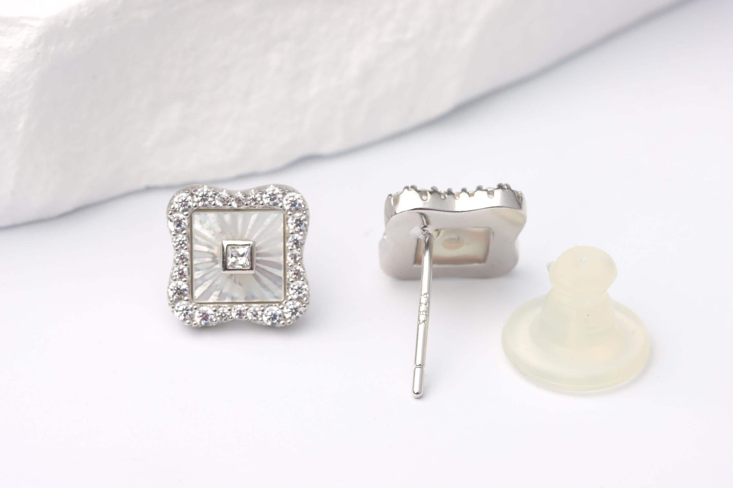 Sterling Silver 925 Square White Mother of Pearl Studs and Halo set CZs