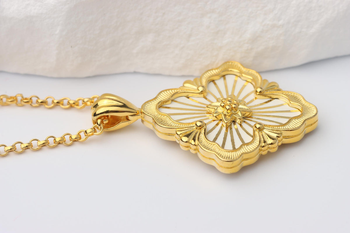 Gold Renaissance Pendant Necklace, White Enamel Statement Jewellery, Vintage Inspired Gift for Her