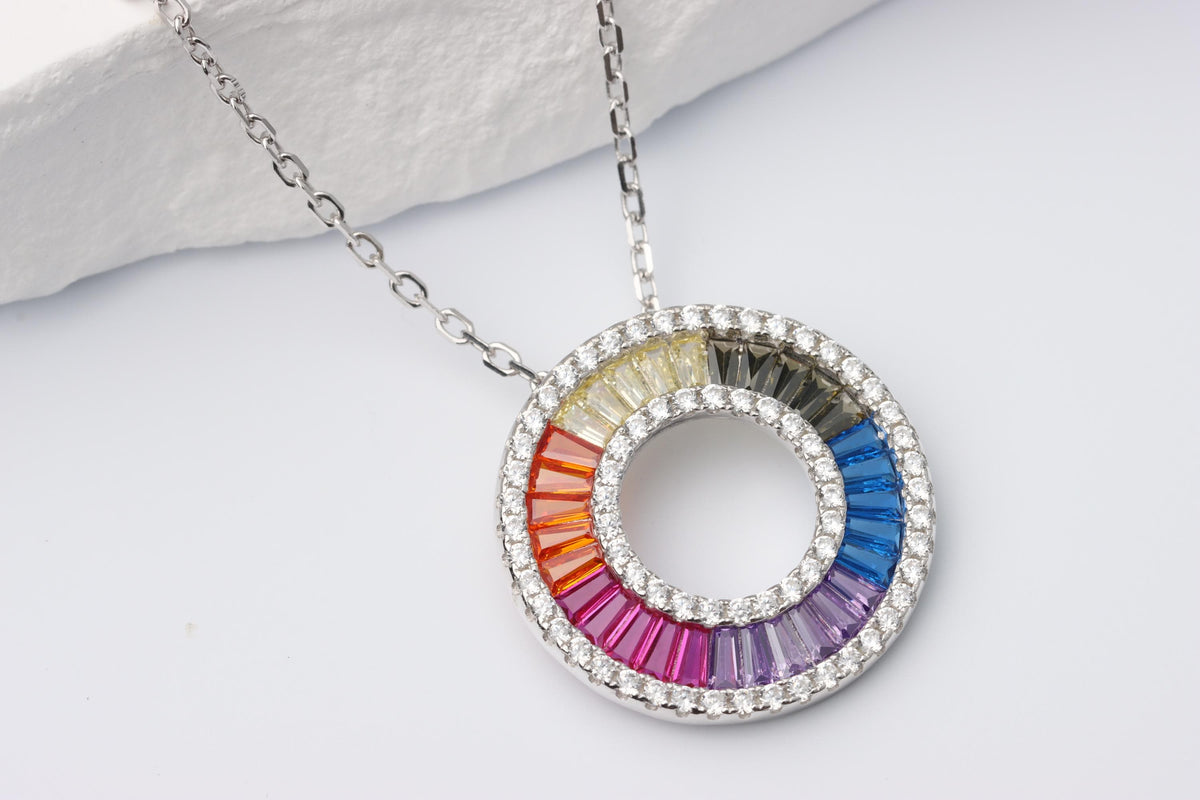 Rainbow Gemstone CZ Circle Halo Necklace, Silver Statement Pendant, Gift for Her