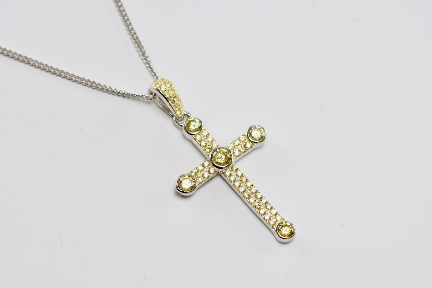 Silver Yellow CZ Cross Necklace