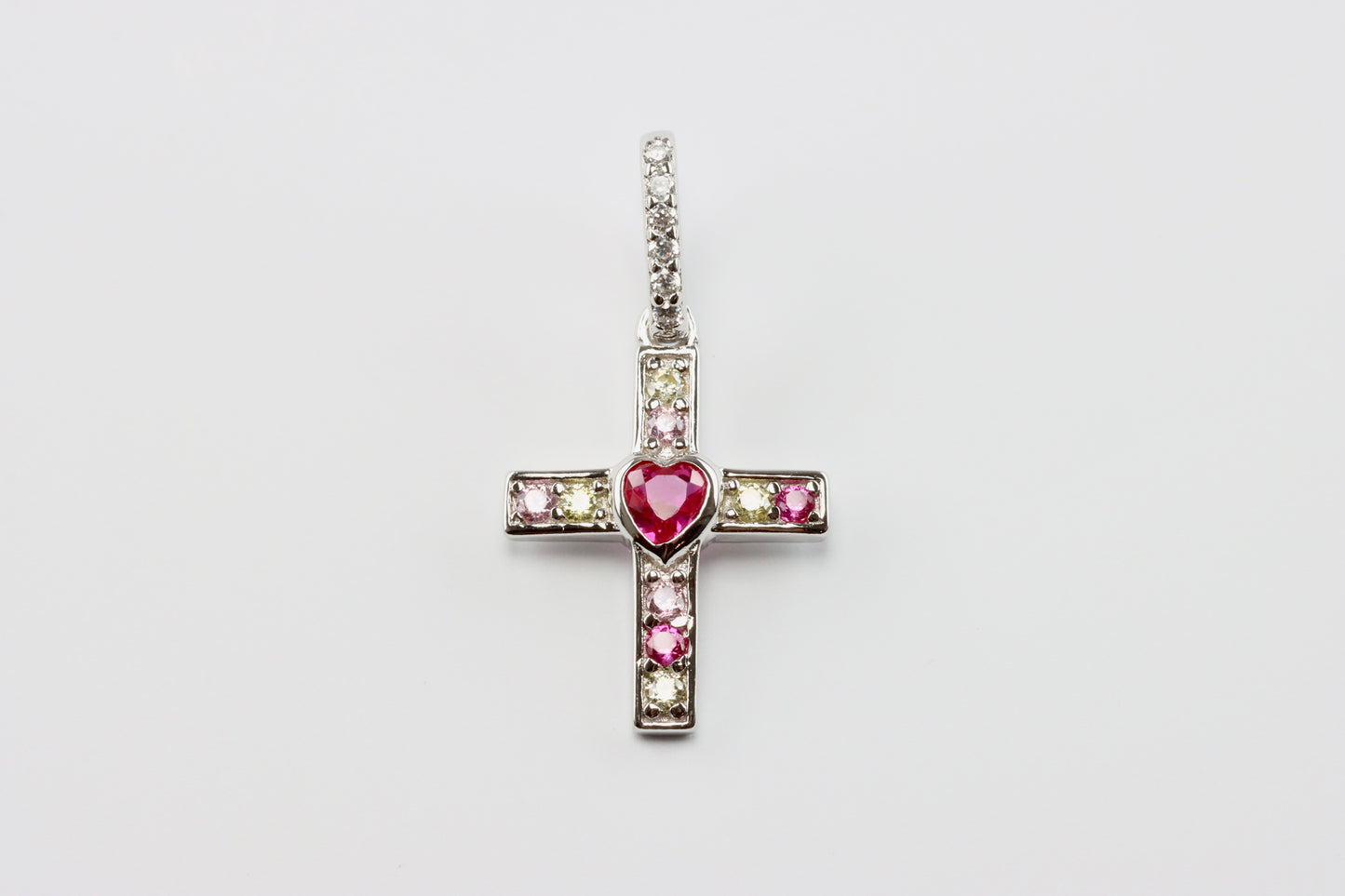 Silver Pink Heart CZ Cross Pendant