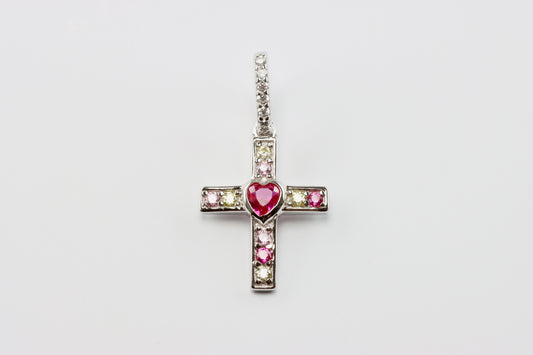 Silver Pink Heart CZ Cross Pendant