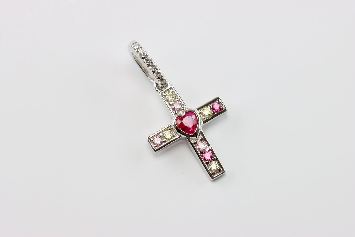 Silver Pink Heart CZ Cross Pendant