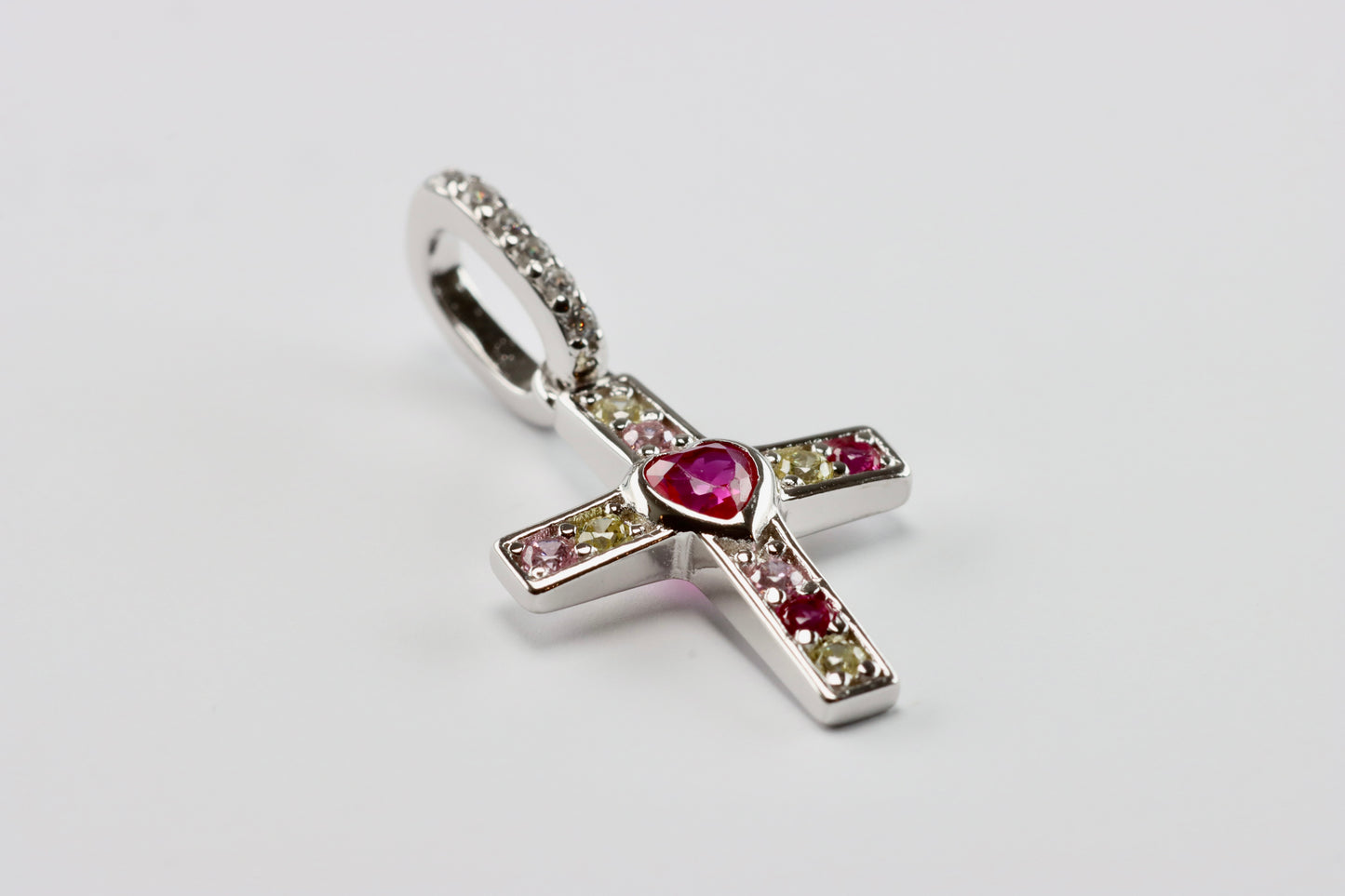 Silver Pink Heart CZ Cross Pendant