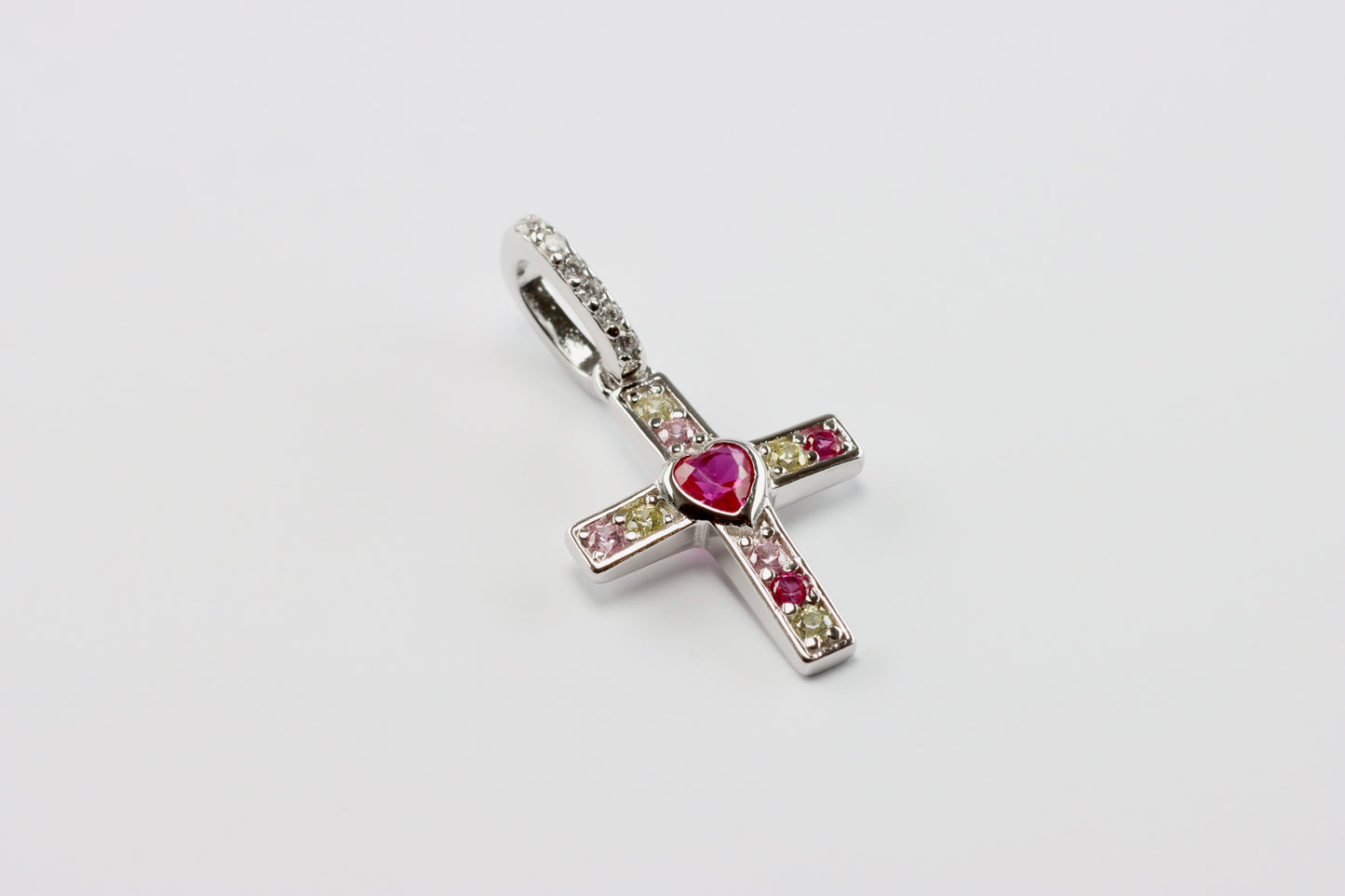 Silver Pink Heart CZ Cross Pendant