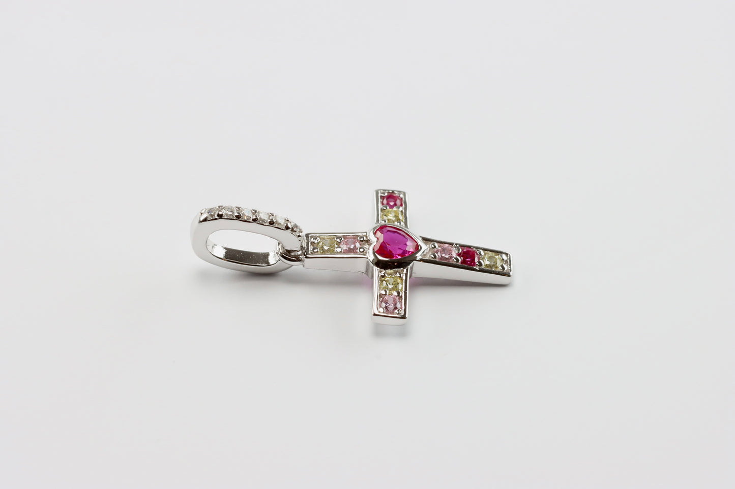 Silver Pink Heart CZ Cross Pendant