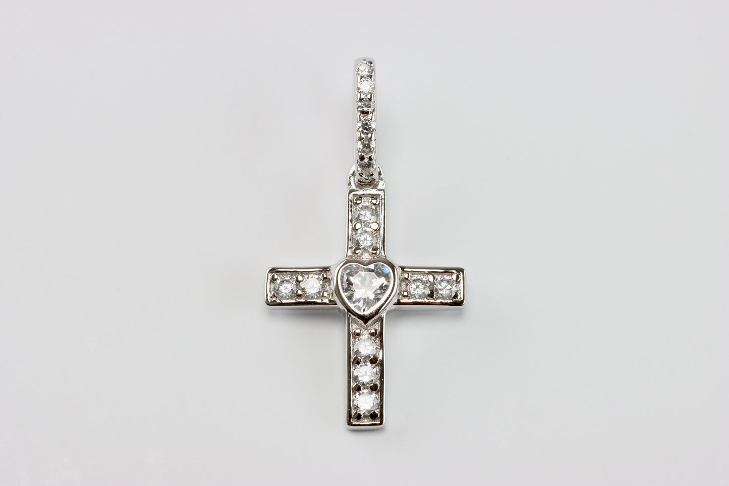 Silver White Heart CZ Cross Pendant