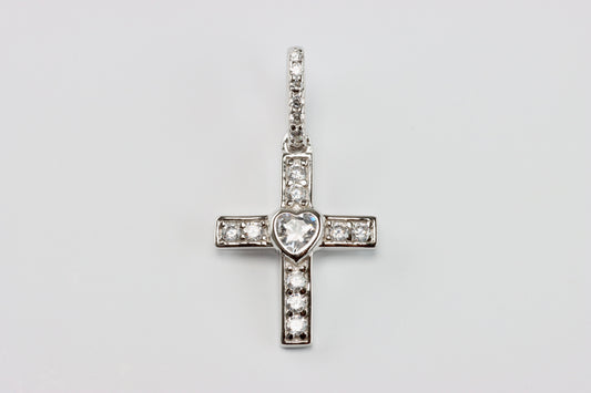 Silver White Heart CZ Cross Pendant