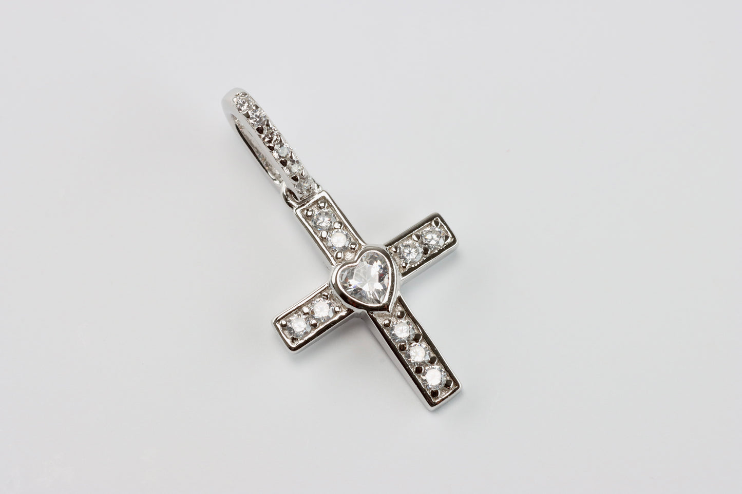 Silver White Heart CZ Cross Pendant