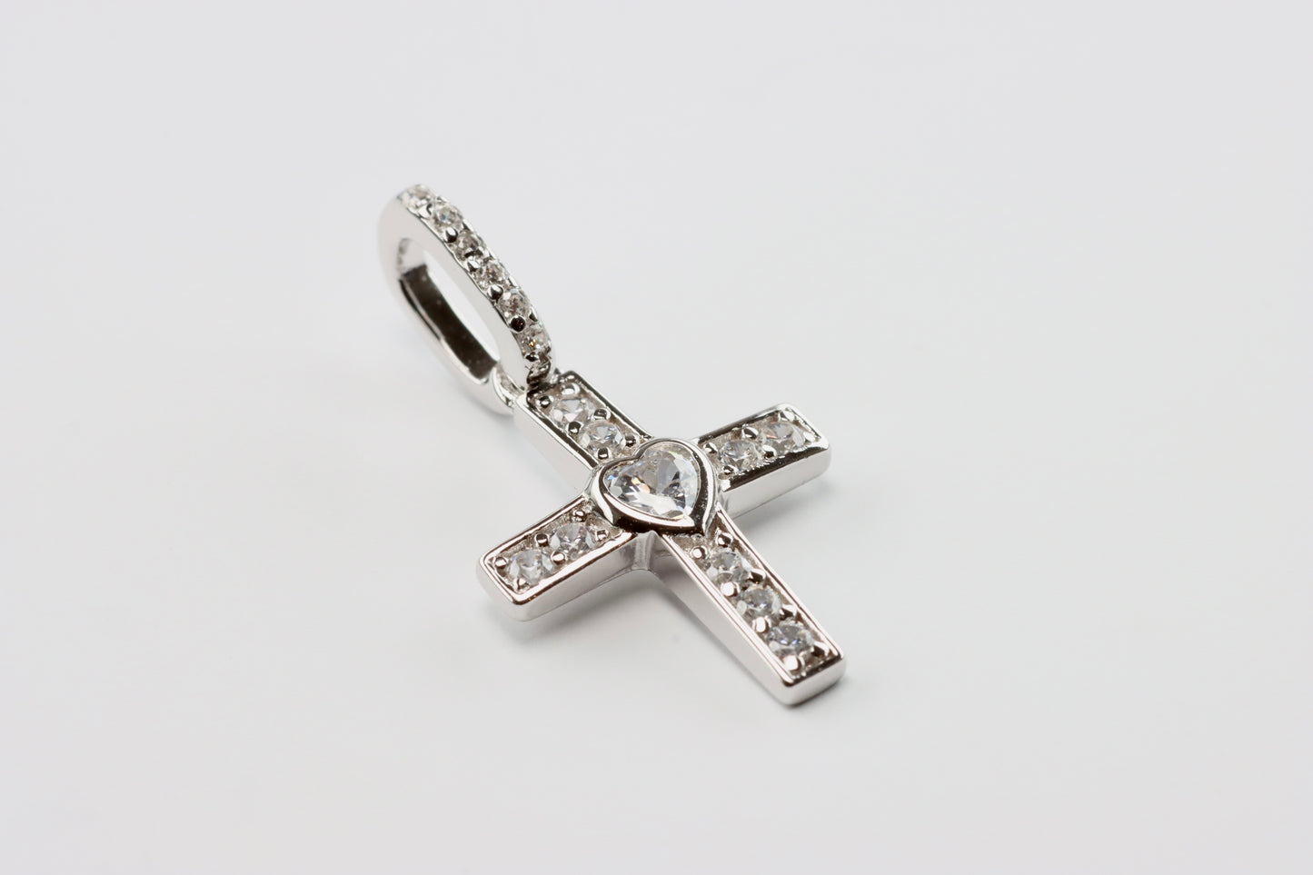 Silver White Heart CZ Cross Pendant