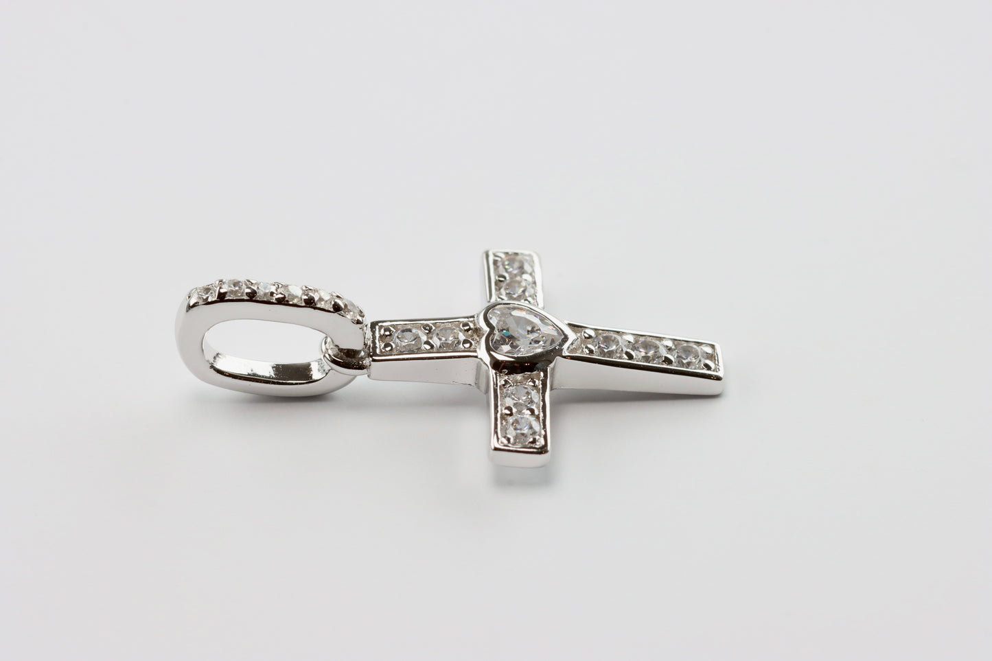 Silver White Heart CZ Cross Pendant