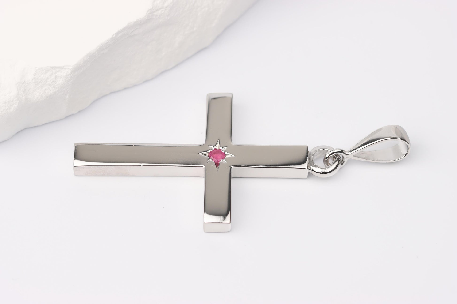 Silver Cross Pendant set with Ruby Gemstone