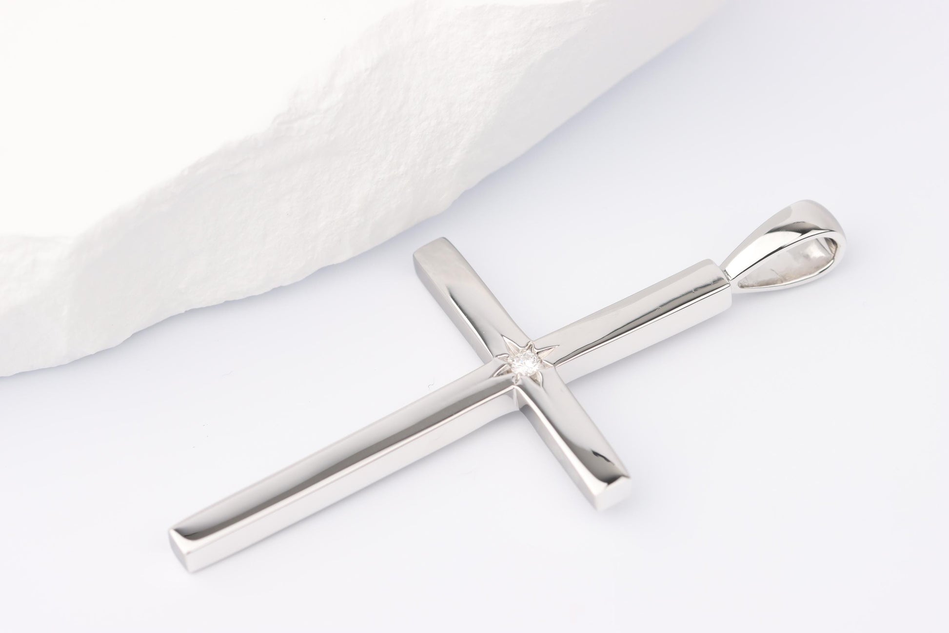 Slim Silver Cross Pendant set with Lab Diamond