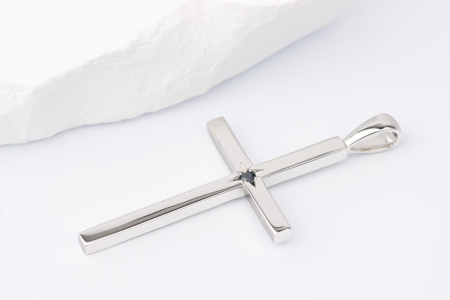Slim Silver Cross Pendant set with Sapphire Gemstone