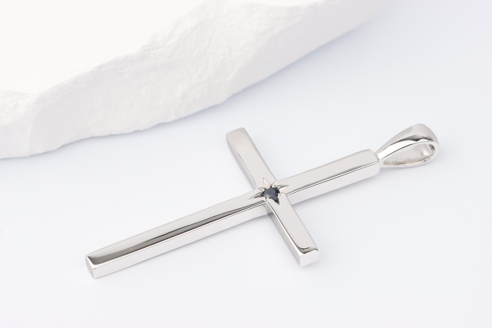 Slim Silver Cross Pendant set with Sapphire Gemstone