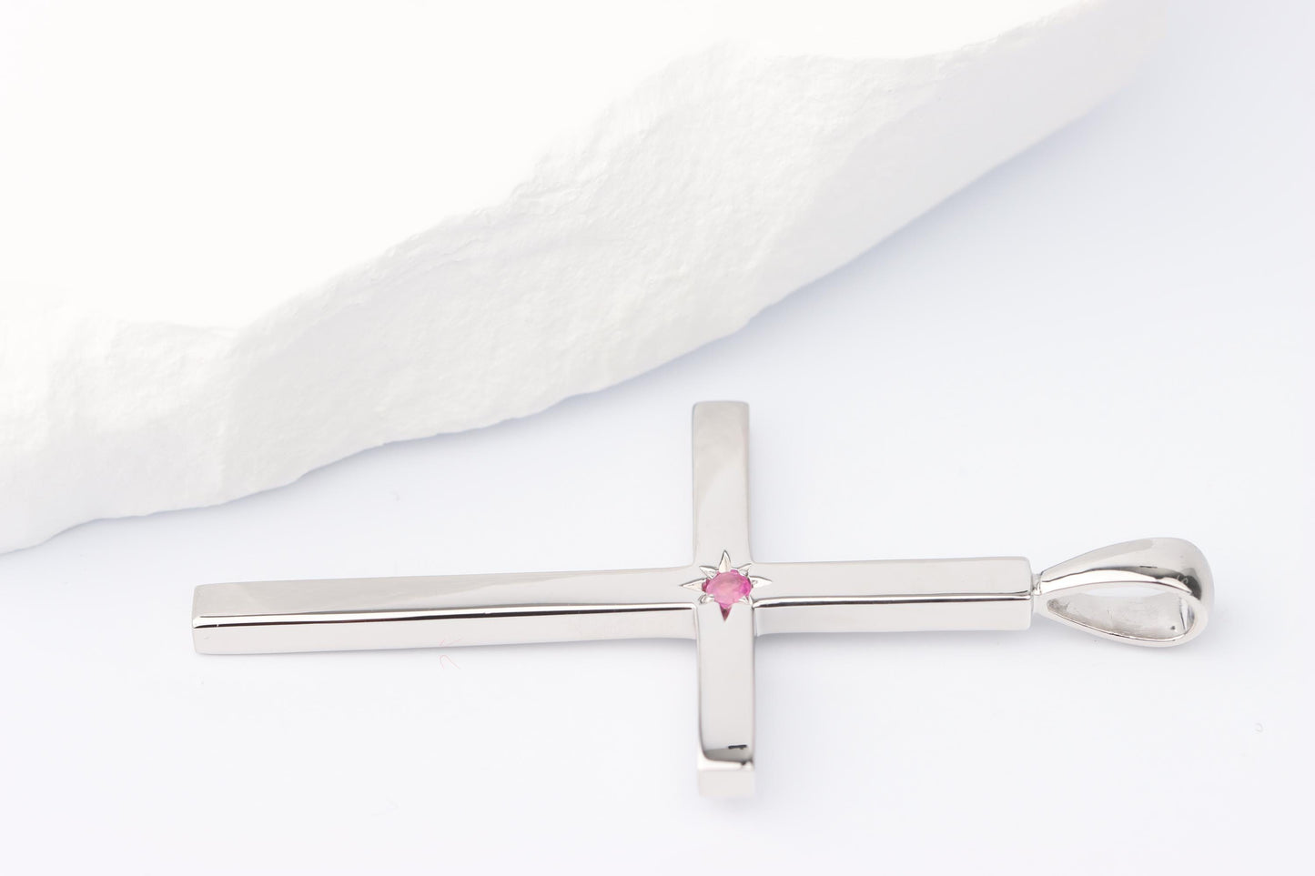 Slim Silver Cross Pendant set with Ruby Gemstone