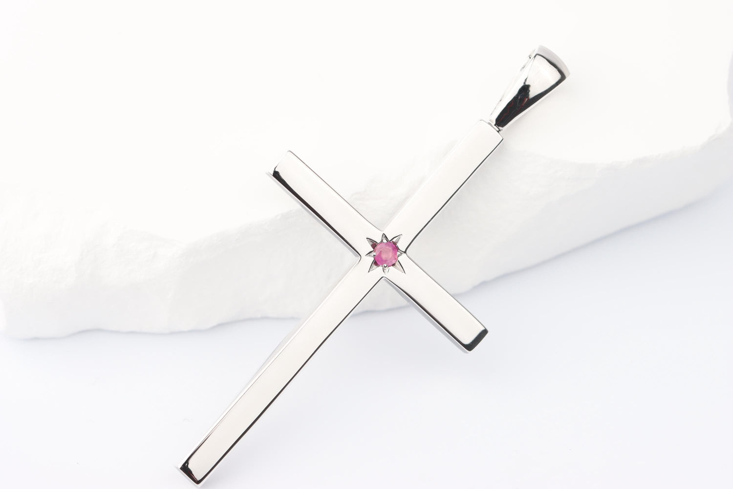 Slim Silver Cross Pendant set with Ruby Gemstone