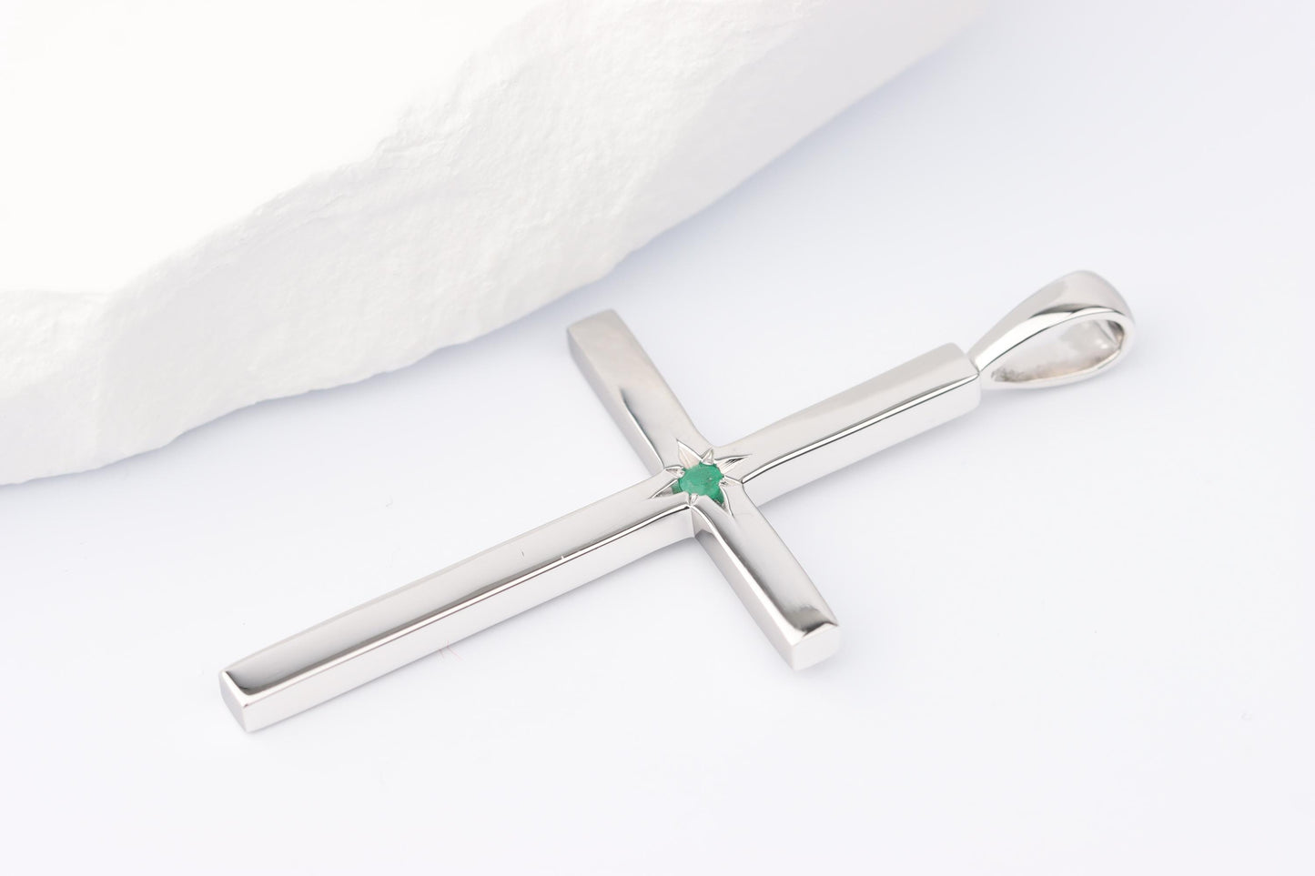 Slim Silver Cross Pendant set with Emerald Gemstone