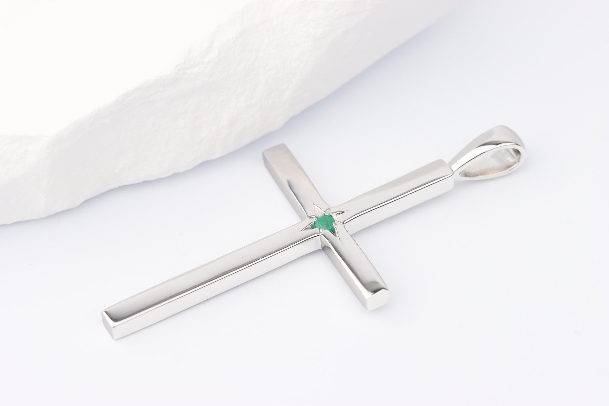 Slim Silver Cross Pendant set with Emerald Gemstone