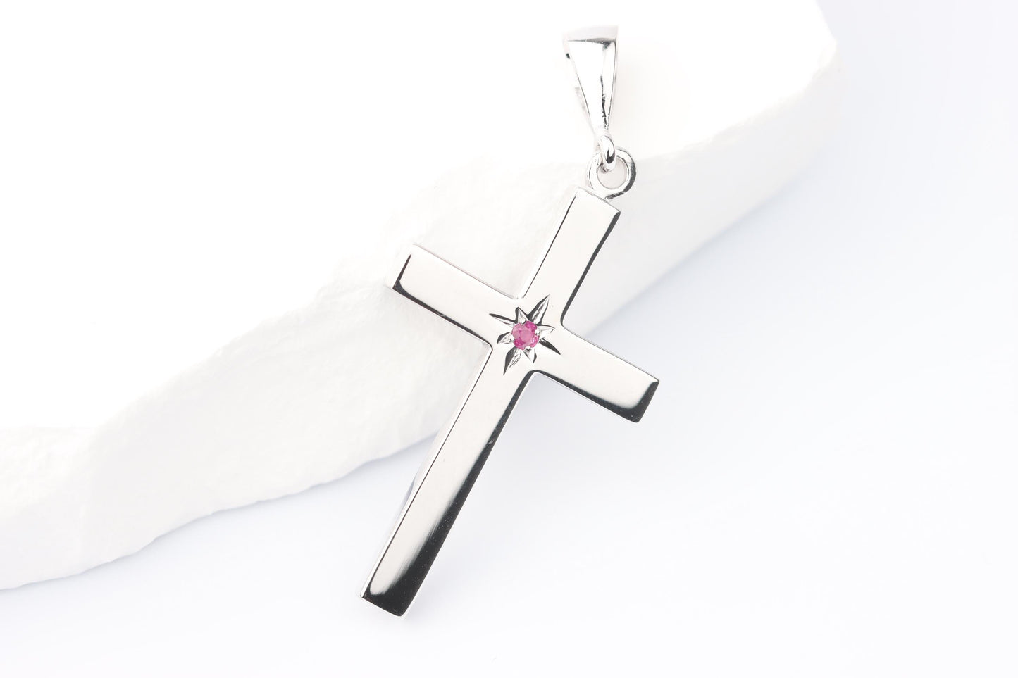 Medium Silver Cross Pendant set with Ruby Gemstone