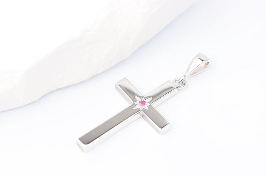 Medium Silver Cross Pendant set with Ruby Gemstone