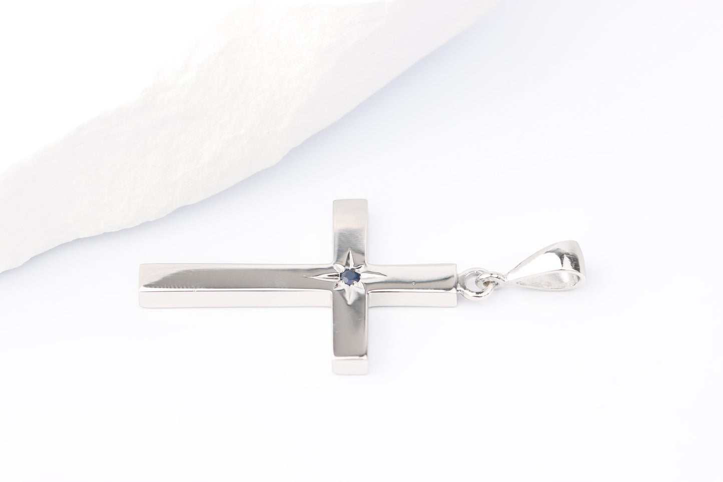 Medium Silver Cross Pendant set with Sapphire Gemstone