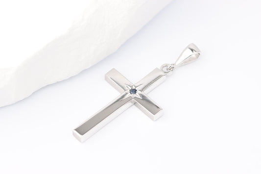 Medium Silver Cross Pendant set with Sapphire Gemstone