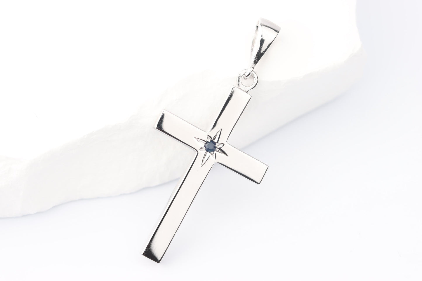 Medium Silver Cross Pendant set with Sapphire Gemstone