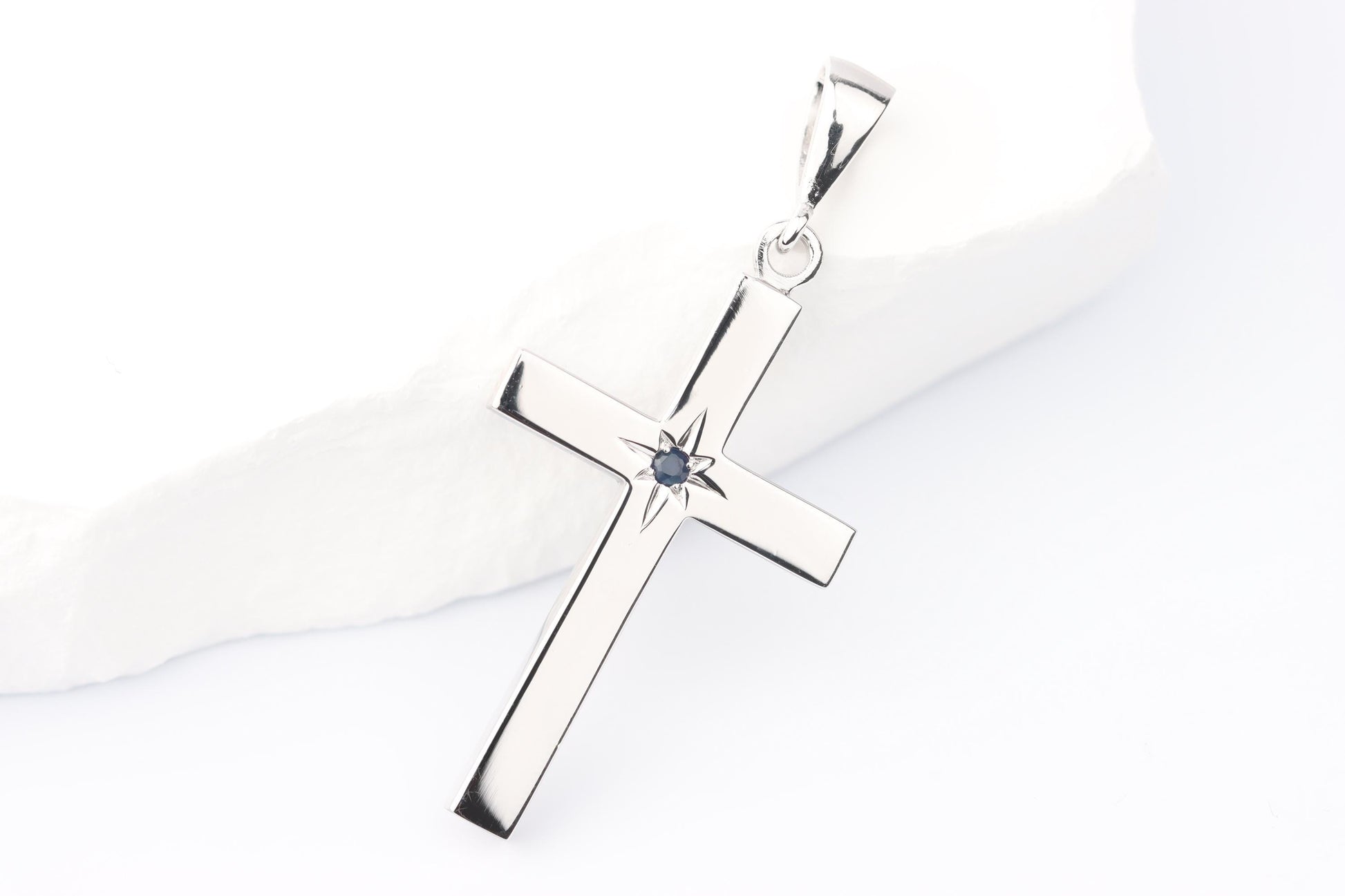 Medium Silver Cross Pendant set with Sapphire Gemstone