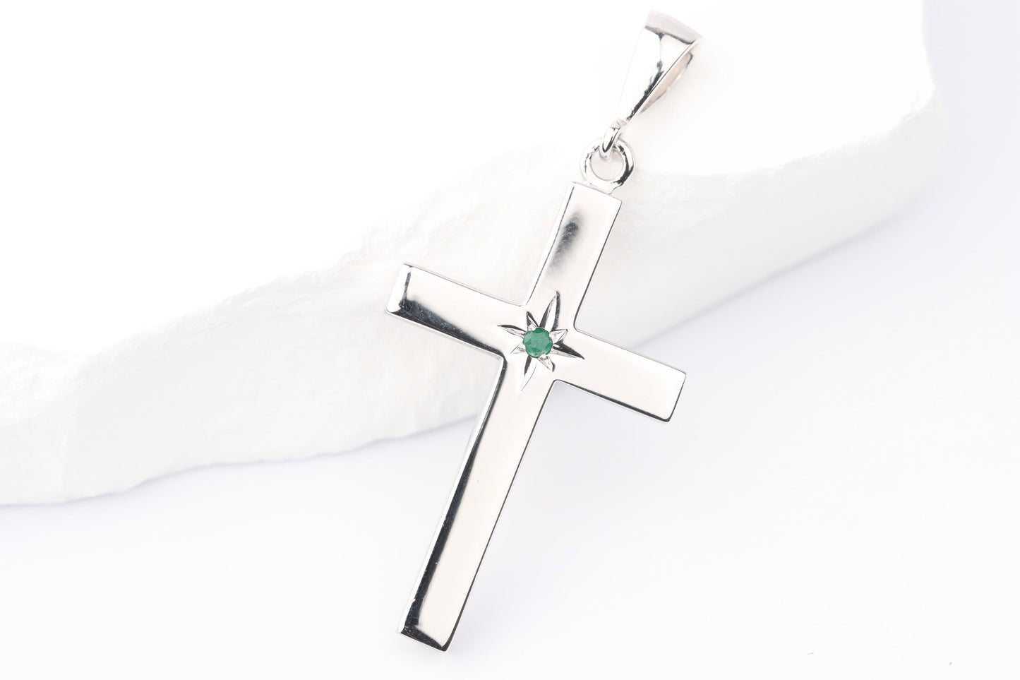 Medium Silver Cross Pendant set with Emerald Gemstone
