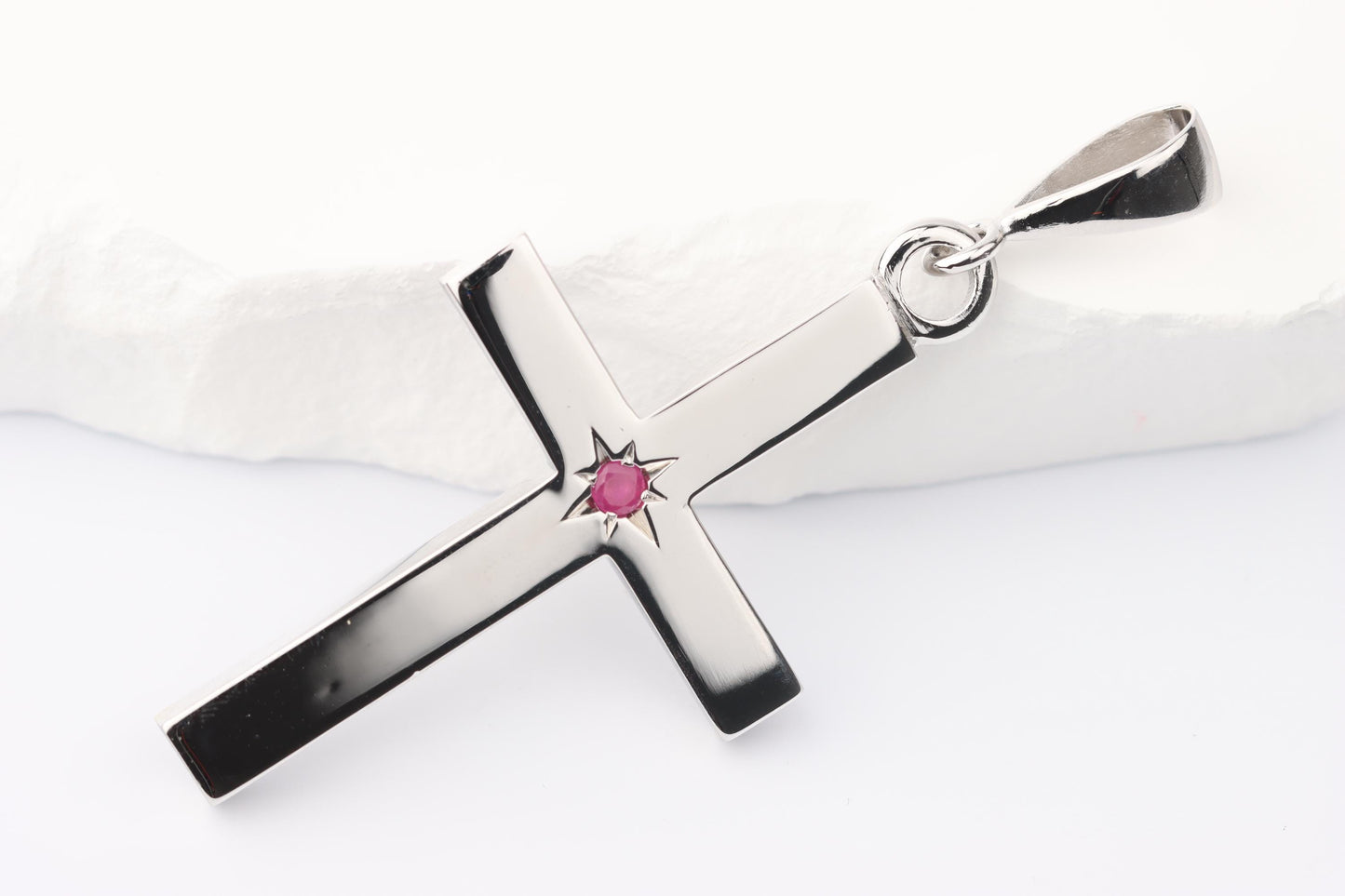 Silver Cross Pendant set with Ruby Gemstone