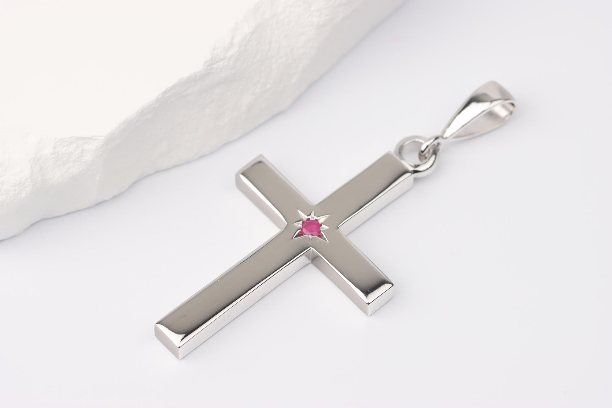 Silver Cross Pendant set with Ruby Gemstone
