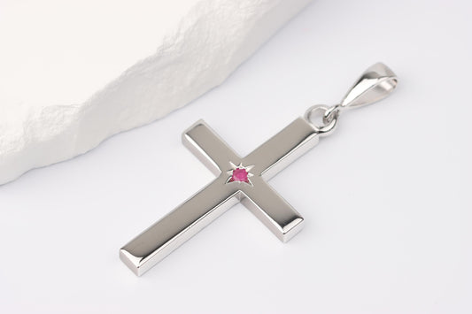 Silver Cross Pendant set with Ruby Gemstone