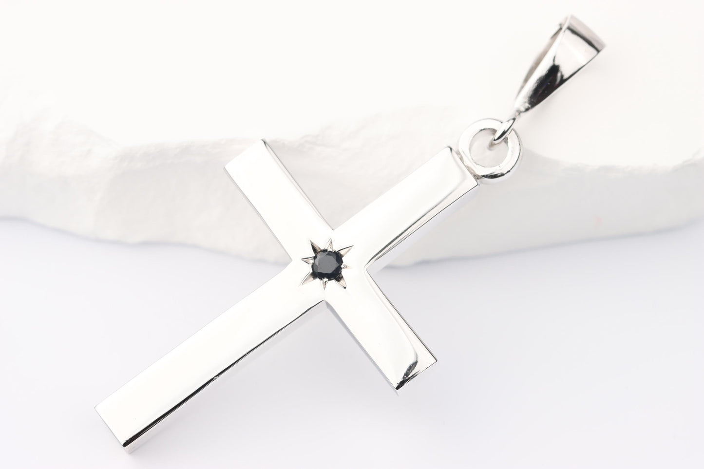 Silver Cross Pendant set with Sapphire Gemstone