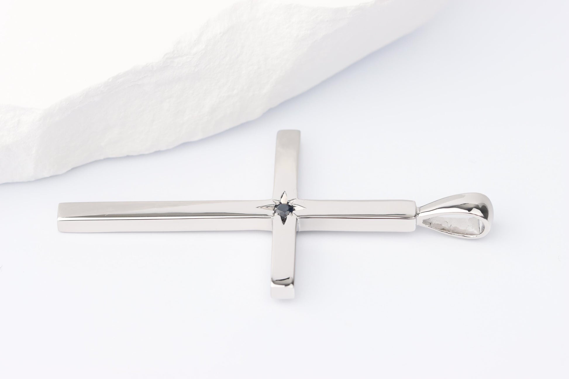 Slim Silver Cross Pendant set with Sapphire Gemstone