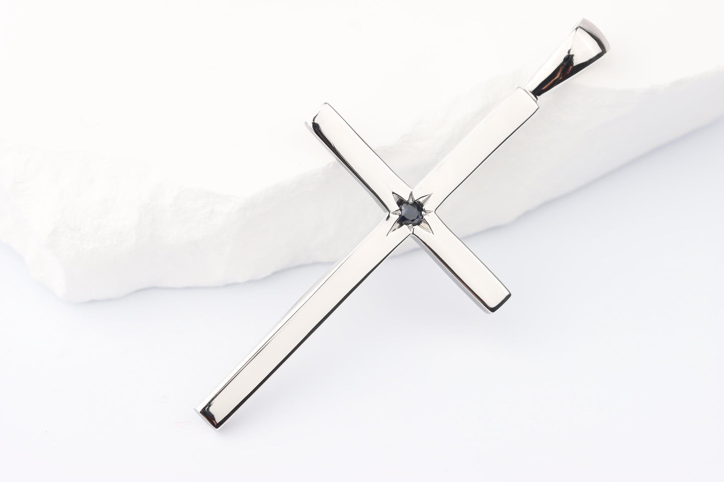 Slim Silver Cross Pendant set with Sapphire Gemstone