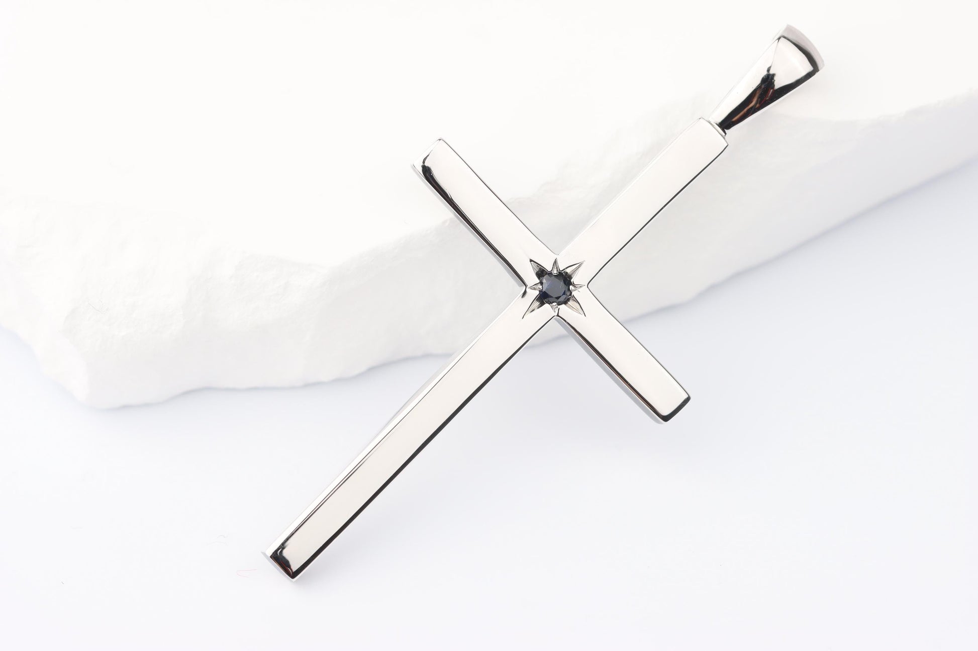 Slim Silver Cross Pendant set with Sapphire Gemstone